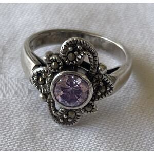 Vintage Amethyst 925 Sterling Silver Art Deco Style Marcasite Ring Size 5.75